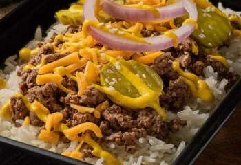 Ground Turkey Burger Bowl with White Rice, Pickles, Red Onion and Cheese