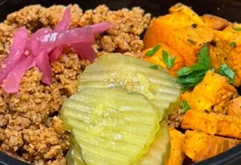 Sloppy Joe Sweet Potato Bowl with Ground Turkey Pickled Red Onions and Pickles