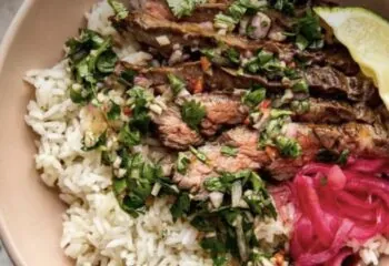 Cilantro Chimichurri Steak Rice Bowl With White Rice and Asparagus