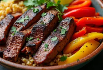 Flank Steak Fajita Bowl with Cilantro Lime Rice, Mixed Bells and Onions