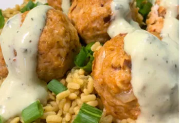 Chipotle Chicken Meatballs With Brown Rice and Chipotle Ranch Dip Sauce
