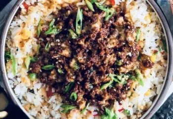 Japanese Barbecue Ground Chicken with Chopped Cauliflower and White Rice