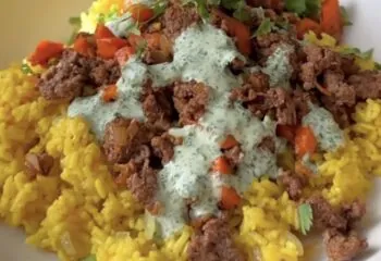 Indian Beef Bowl with Yellow Rice with Cilantro Lime Dressing