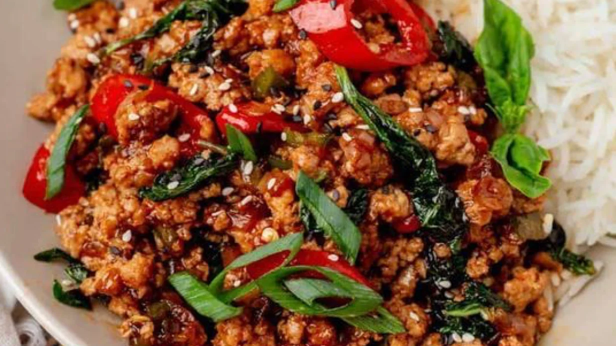 Sweet and Spicy Thai Ground Chicken with White Rice and Broccoli